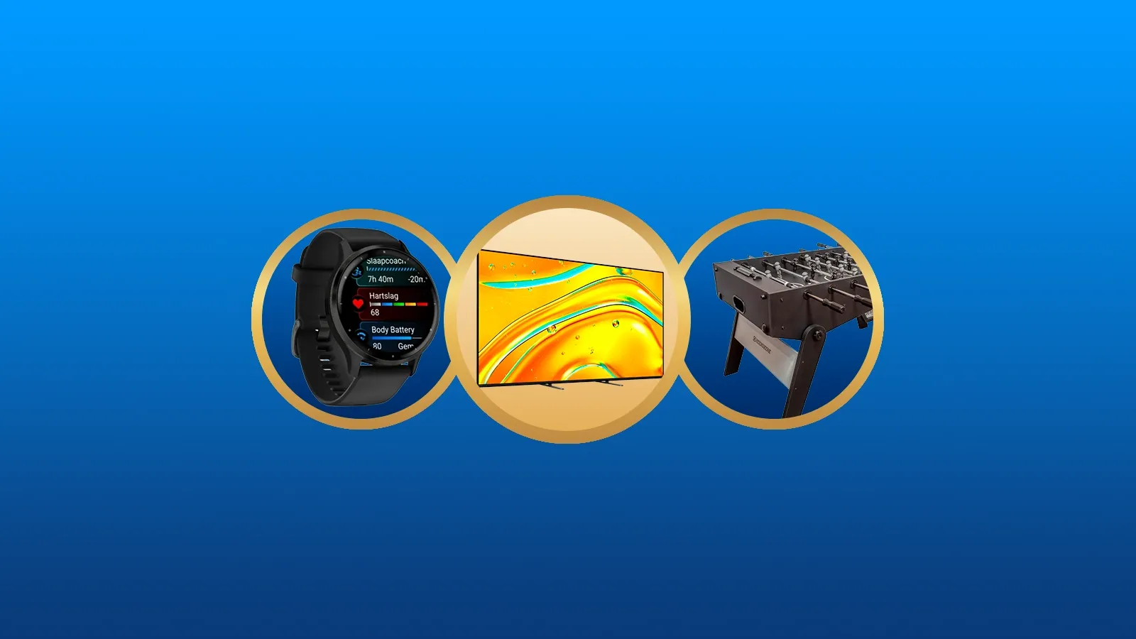 Een smartwatch, een televisie en een voetbaltafel op een blauwe achtergrond.