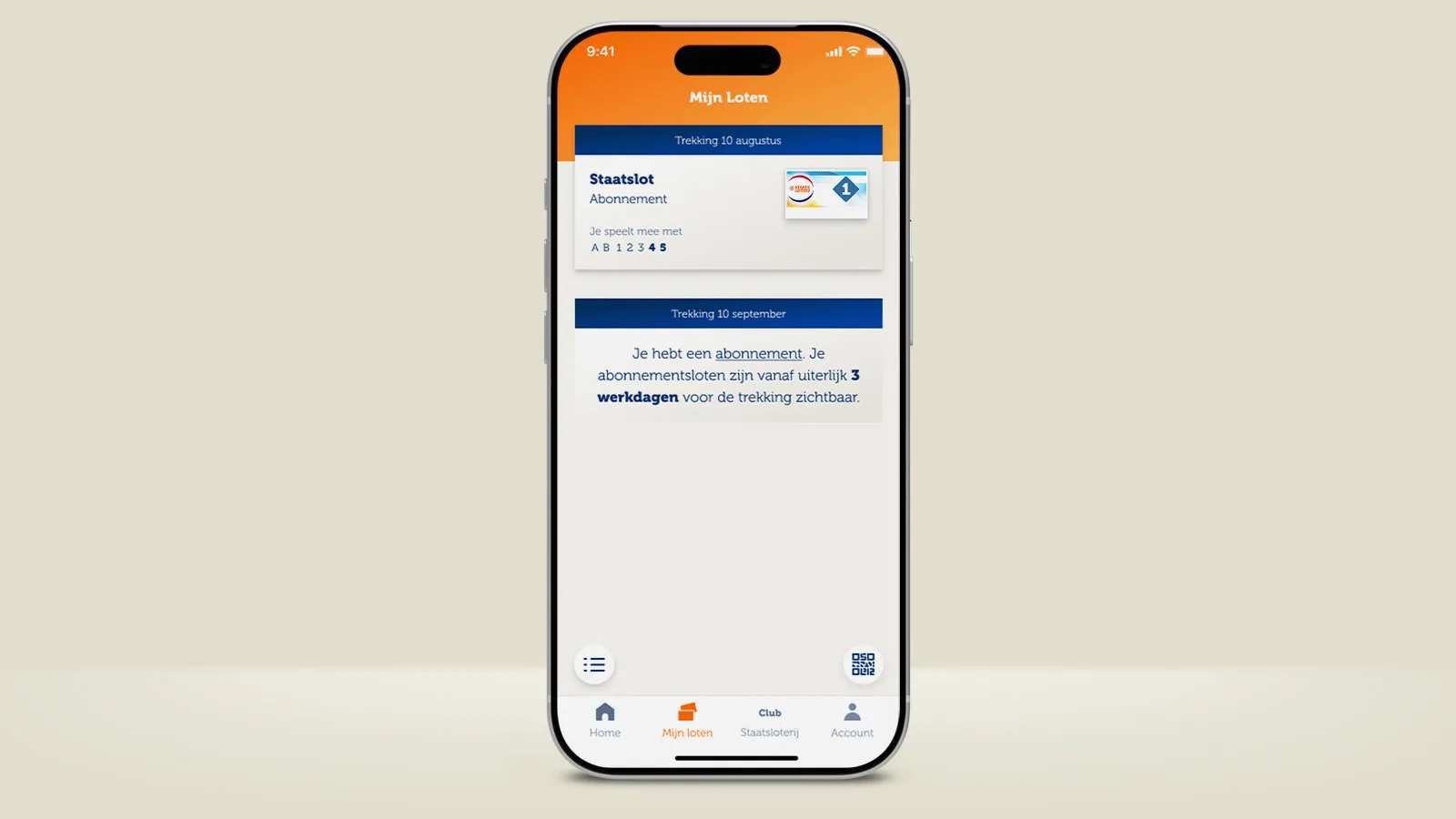 Weergave van de Mijn Loten sectie in de Staatsloterij app met abonnementinformatie voor een Staatslot.