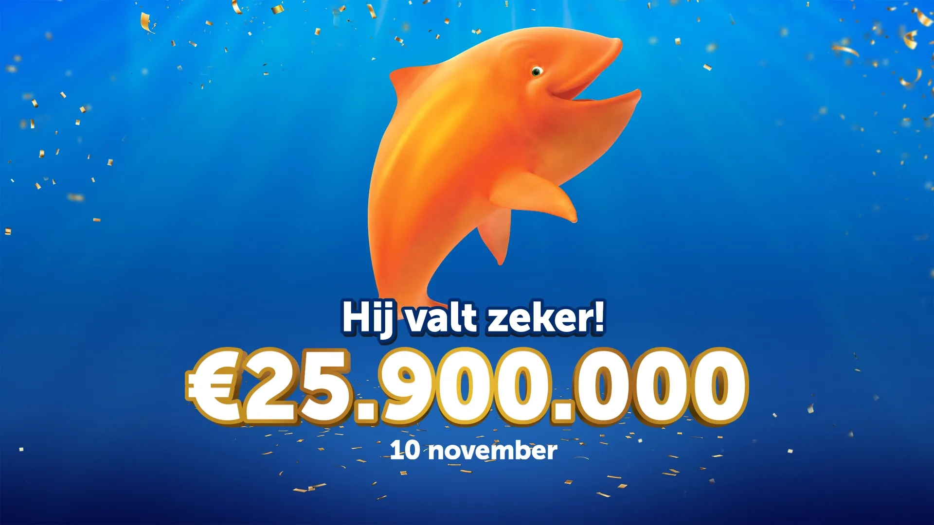 Oranje vis met tekst Hij valt zeker! €25.900.000 10 november op een blauwe achtergrond.