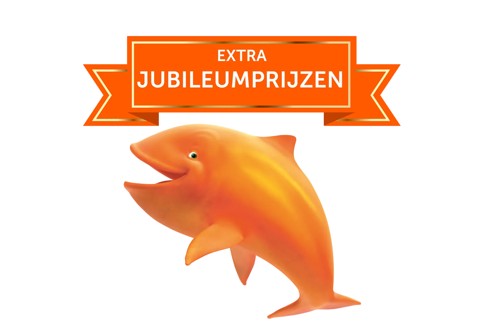 Een blije oranje dolfijn met een banner 'EXTRA JUBILEUMPRIJZEN'.